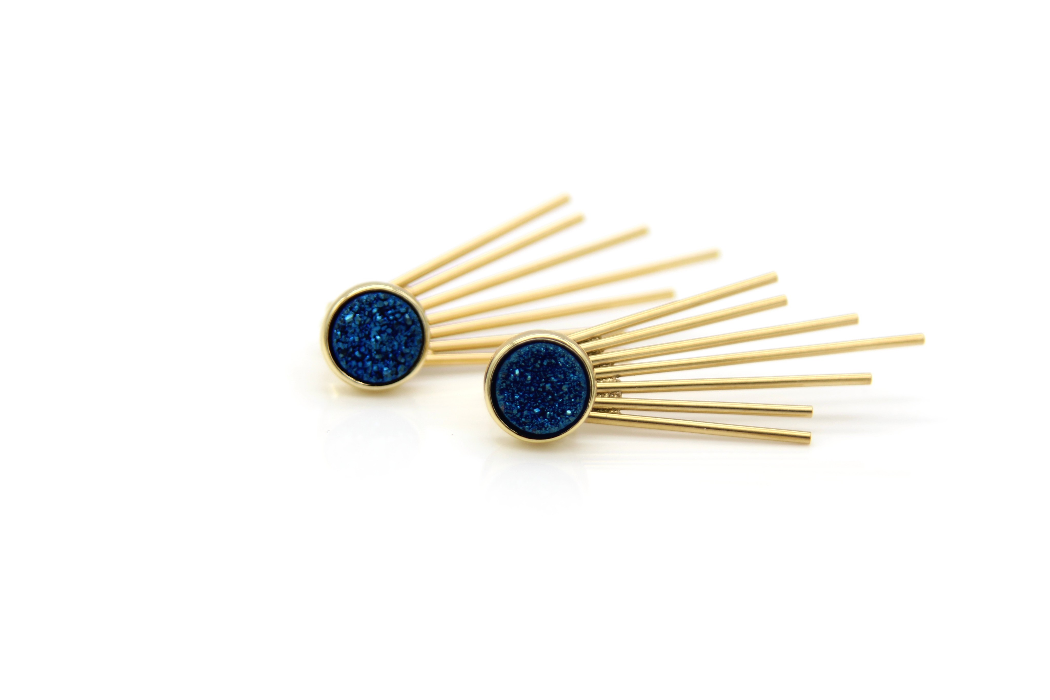 Navy Caroline Druzy Stud and Fringe Earrings