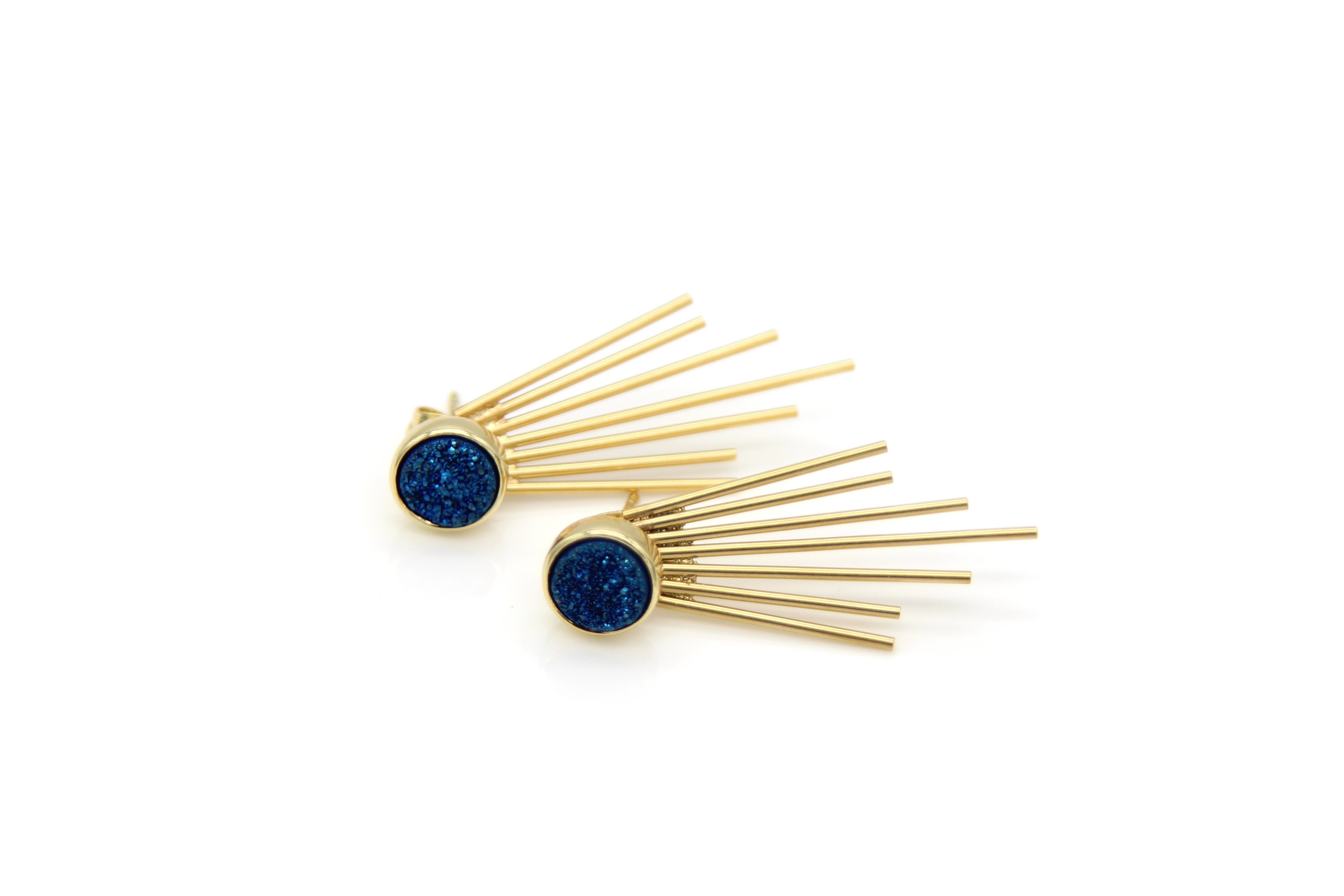 Navy Caroline Druzy Stud and Fringe Earrings